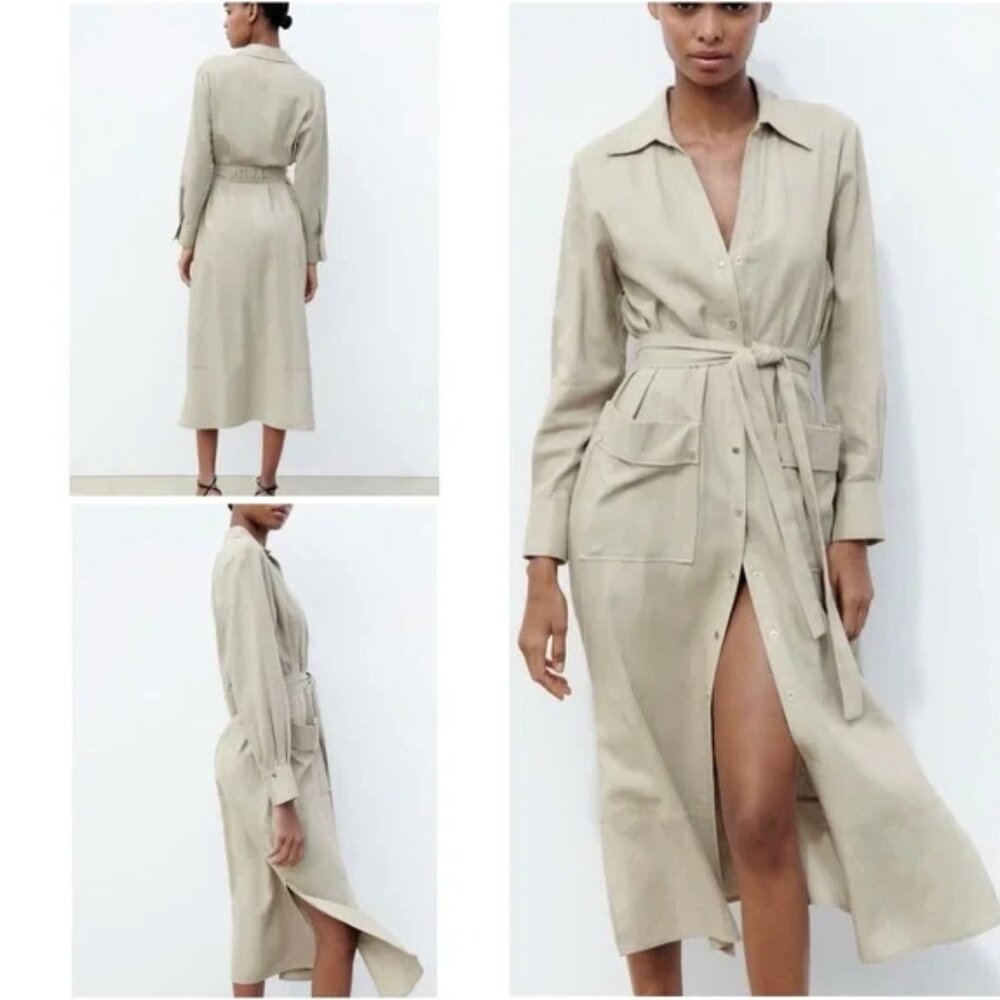 Zara women S‎ linen midi shirt dress tied earthy gold snap buttons tan trench